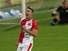 Slávistický útoník Petar Musa v euforii, práv vstelil gól v tkém duelu na...