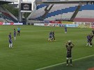 Momentka z ligového zápasu mezi Olomoucí a Ostravou (v erných dresech).