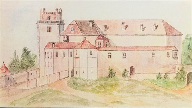 Akvarel A. Cillicha zachycuje podobu hradu Nov Svtlov ped romantickou pestavbou v polovin 19. stolet. Vlevo je vstupn v, uprosted polygonln bata vystupujc z hradby.