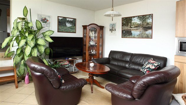 Útulný obývací pokoj je spojen s kuchyní.