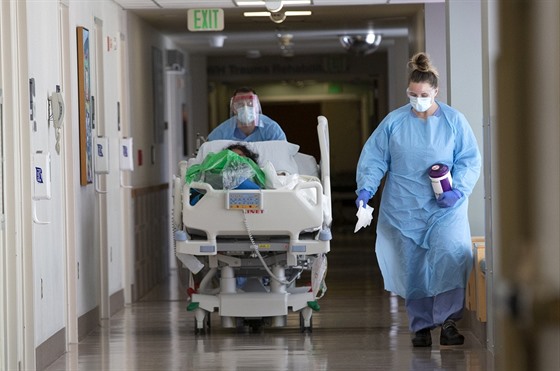 Zdravotníci v nemocnici v americkém Seattlu peváejí pacienta s koronavirem na...