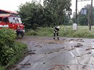 Hasii na Plzesku v nedli po bouce odstraovali nános bahna na silnici. (14....