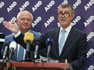Andrej Babi a Jaroslav Faltýnek na tiskové konferenci hnutí ANO ped jednáním...