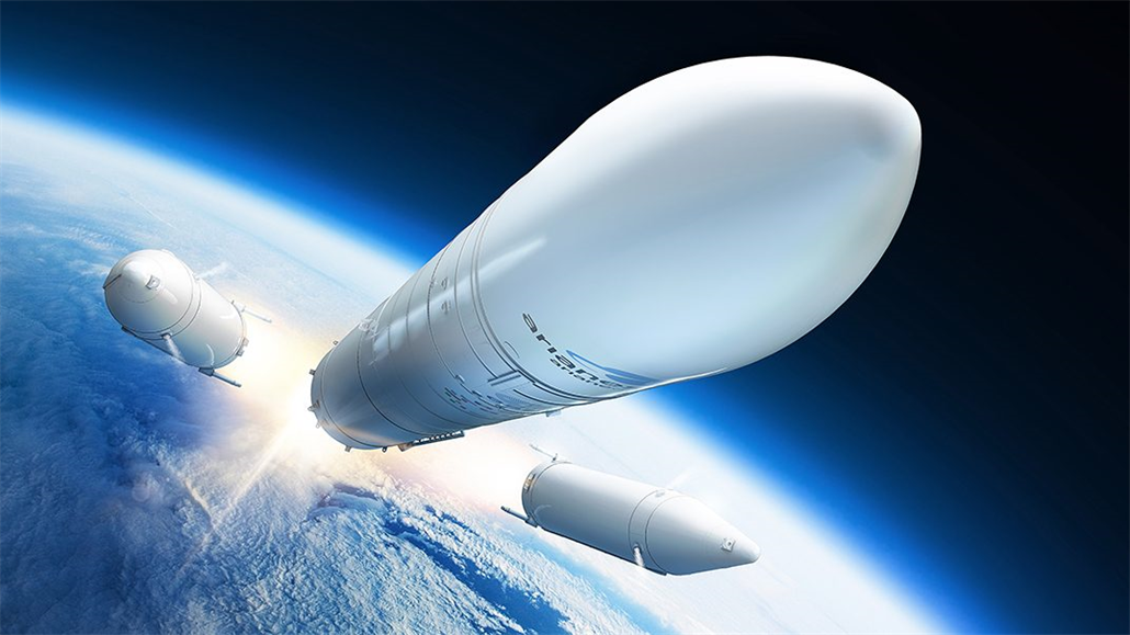 Ilustrace odhození dvou bo�ních pomocných motor� rakety  Ariane 62.