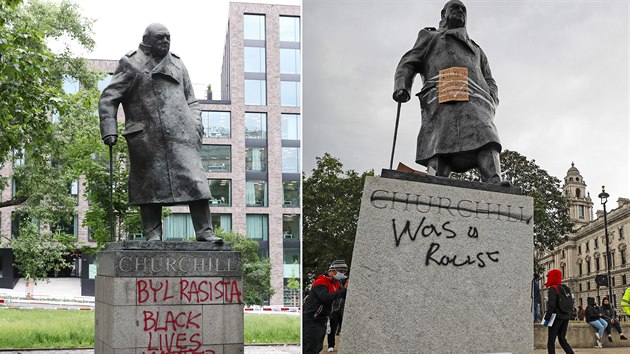 Posprejovaná socha Winstona Churchilla v Praze na Žižkově a její londýnská varianta. (10. června 2020)