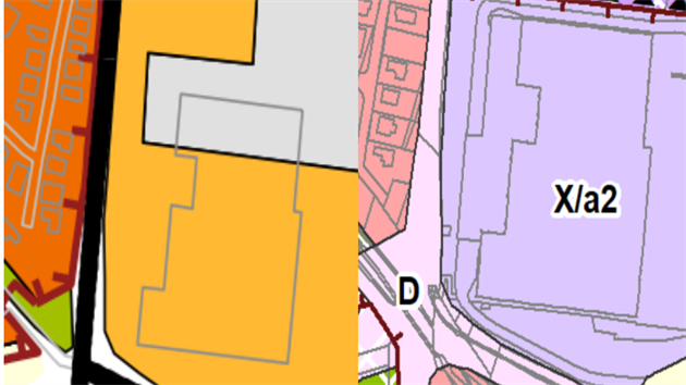 Tat parcela je ve stvajcm zemnm plnu (vlevo) oznaena jinak ne v nvrhu novho zemnho plnu (vpravo). Nvrh pot s tm, e na pozemku velk nkupn centrum me stt.