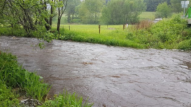 eka Blanice doshla prvnho povodovho stupn. Snmek je od Blanickho mlna na Prachaticku. (10. ervna 2020)