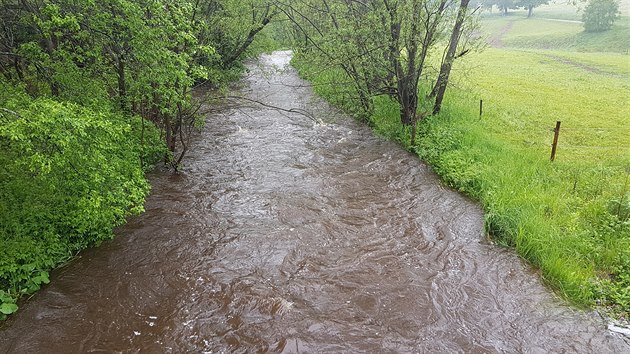 eka Blanice doshla prvnho povodovho stupn. Snmek je od Blanickho mlna na Prachaticku. (10. ervna 2020)