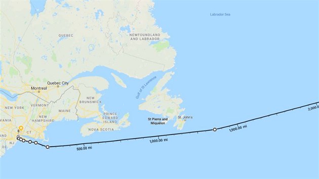 Veslař Milan Světlík má v plánu doplout z New Yorku na ostrovy Scilly. Mapa zachycuje, kam zatím doplul (10. 6. 2020).