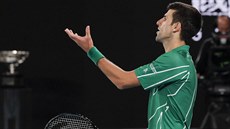 Srb Novak Djokovič diskutuje s rozhodčím ve finále Australian Open.