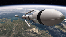 Vizualizace letu rakety H-2A se sondou Amal, která poletí k Marsu.