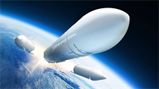 Ilustrace odhození dvou boních pomocných motor rakety  Ariane 62.
