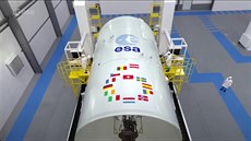 Vizualizace horního stupn rakety Ariane 6 s logy stát, které se podílely na...