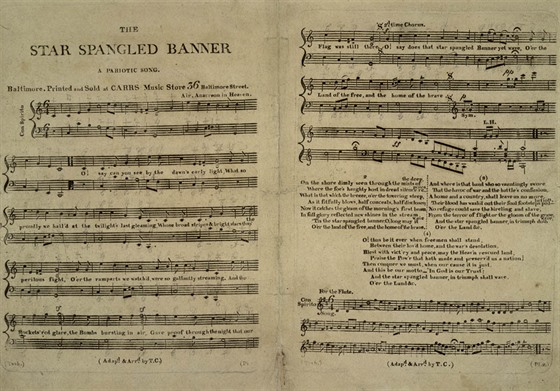 První vydání notového záznamu písn Star Spangled Banner z roku 1814 od básníka...