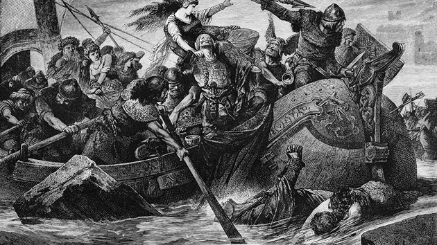 Král Olaf se do dějin Vikingů zapsal nesmazatelně. Takto jeho výboje zachytila pozdější kresba.