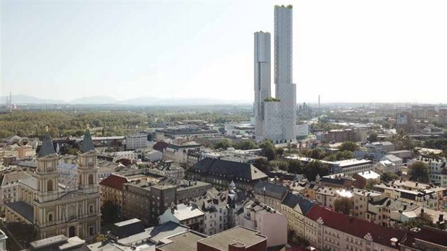 Původní předběžná vizualizace plánovaného ostravského mrakodrapu, který by se stal nejvyšší budovou České republiky. Jeho podoba se však určitě změní. Vlevo katedrála Božského Spasitele v centru města, vlevo v pozadí huť Liberty Ostrava, ještě dále Beskydy.