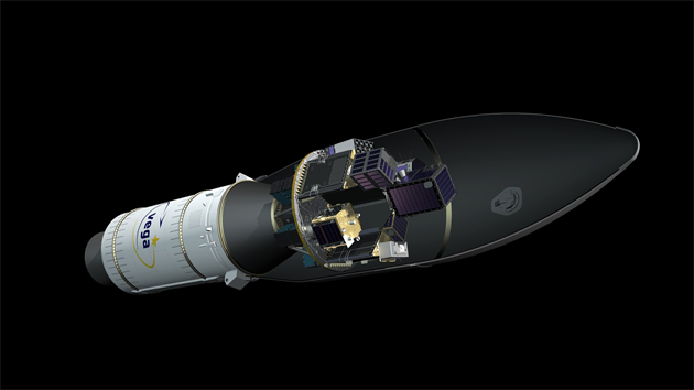 Ilustrace dispenseru od české firmy pod aerodynamickým krytem rakety Vega