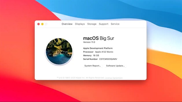 Operační systém macOS Big Sur, který běží na  procesoru od Applu.