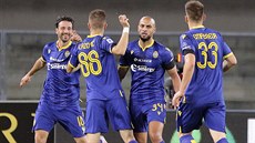 Samuel Di Carmine (10) z Hellasu Verona slaví se spoluhrái svj gól.