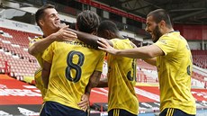 Fotbalisté Arsenalu se radují z gólu, který do sít� Sheffieldu United vst�elil...