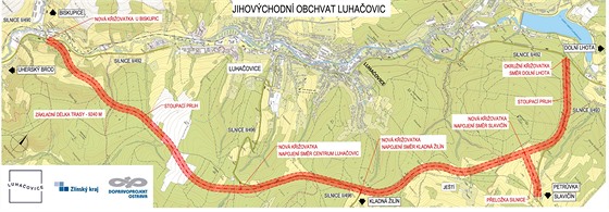 Plánovaná trasa obchvatu Luhačovic.