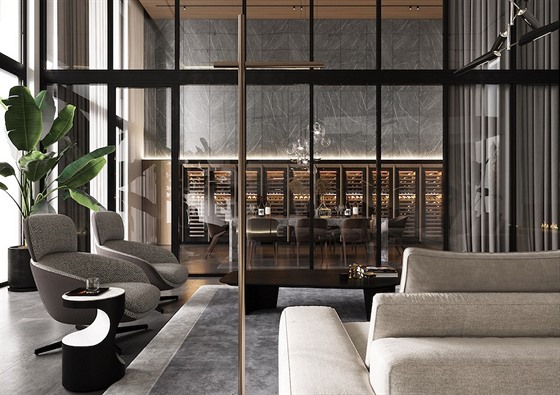 Hlavní obytný prostor rozd�luje prosklená p�í�ka, za ní� je umíst�na místnost...