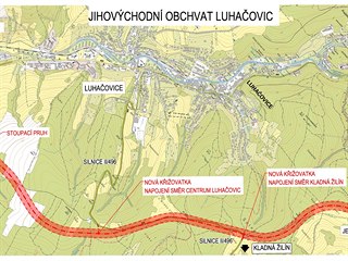 Plánovaná trasa obchvatu Luhačovic.