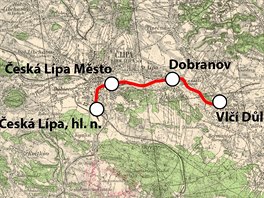 Mapa původní trati mezi Českou Lípou hl.n. a Vlčím Dolem