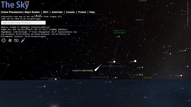 Poloha komety C/2020 F3 (Neowise) ve tvrtek 9. 7. 2020 ve 22:30