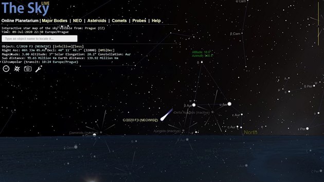 Poloha komety C/2020 F3 (Neowise) ve �tvrtek 9. 7. 2020 ve 22:30