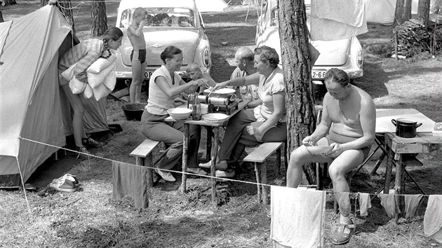 Řidič autobusu ČSAD Antonín Mach a důlní elektrikář z Mostu Jaroslav Rambousek se svými rodinami při letní dovolené v lesním kempu u Hamru na Jezeře (1963)