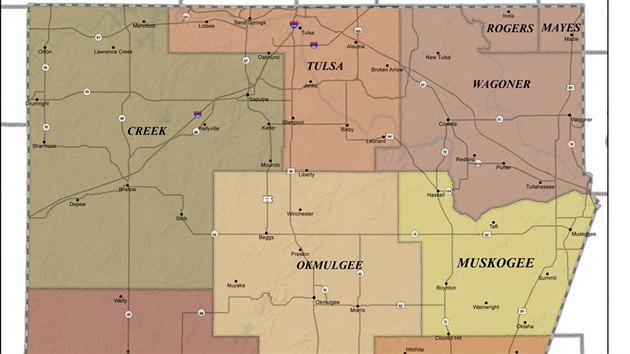 Mapa kmenovch jurisdikc v indinsk rezervaci v  Oklahom. Nejvy soud Spojench stt ve tvrtek rozhodl, e zhruba polovina sttu Oklahoma je indinskou rezervac. (9. ervence 2020)