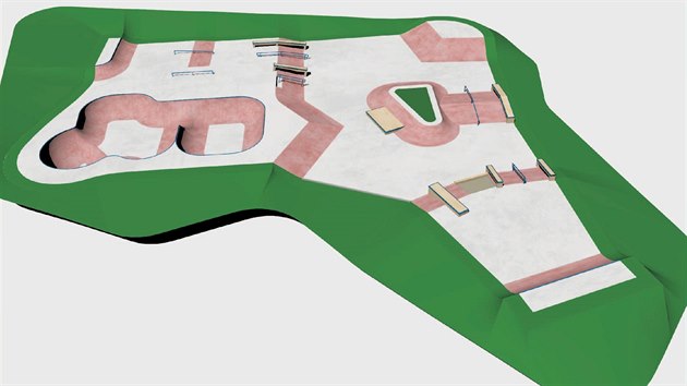 Vizualizace, jak by měl havlíčkobrodský skatepark po dokončení vypadat. Na ploše necelého tisíce metrů čtverečních najdou vyznavači adrenalinovějších sportů zhruba dvacet překážek.