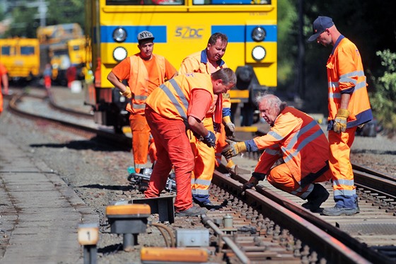 Na trati nedaleko železniční stanice Lázně Kynžvart technici opravují traťový...