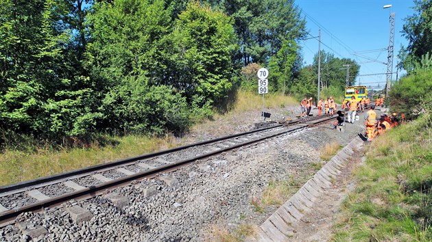 Na trati nedaleko železniční stanice Lázně Kynžvart technici opravují traťový svršek poškozený čtvrteční nehodou vlaku RegioNova, který zde vykolejil. Vlevo je část trati, kde vlak po vykolejení skončil a stál. (23. července 2020)