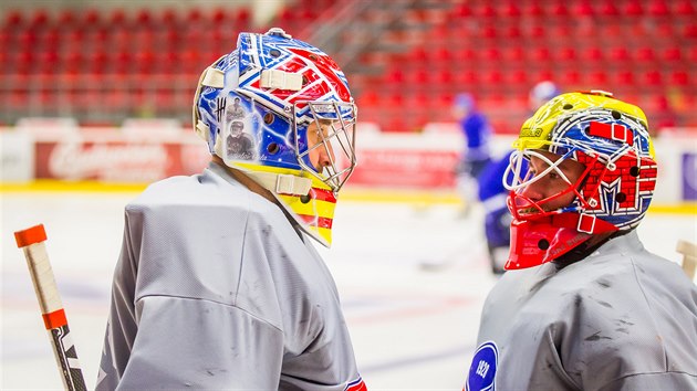 Jan Strme (vlevo) a Marek iliak na trninku hokejist eskch Budjovic.