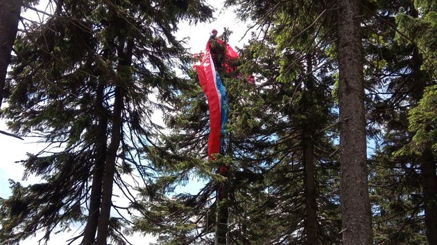 Paraglidista na ern hoe v Krkonoch se dostal ze stromu po ebcch hasi, zchrani pak sundali z vrcholku stromu i kdlo (24. 7. 2020).