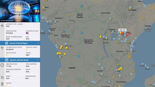 Poloha balonů Loon podle Flight Radaru kolem Keni