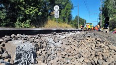 Na trati nedaleko železniční stanice Lázně Kynžvart technici opravují traťový...