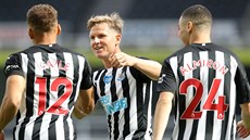 Fotbalisté Newcastlu Dwight Gayle (vlevo), Matt Ritchie (uprosted) a Miguel...