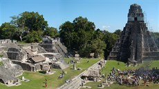 Pohled na hlavní námstí v Tikalu. Vlevo tzv. severní Akropole, vpravo Chrám I....