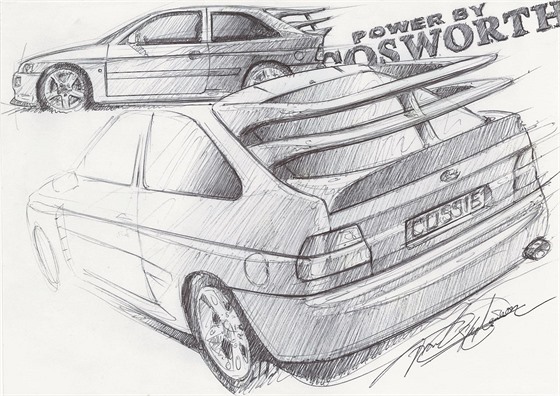 Skica slavného automobilového designéra Franka Stephensona: Ford Escort RS...