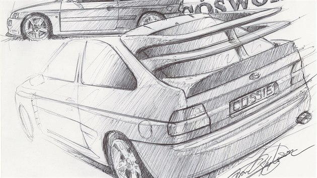 Skica slavného automobilového designéra Franka Stephensona: Ford Escort RS Cosworth