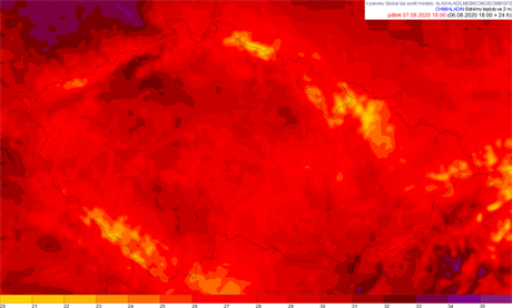 Mapa nejvyích pedpokládaných teplot pro pátek 7. srpna 2020 podle...