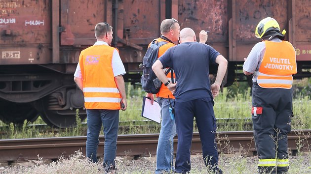 Hasiči vyjeli k požáru vagonů se dřevem na vlakovém nádraží v Hvěvicích u Roudnice nad Labem. (8. srpna 2020)