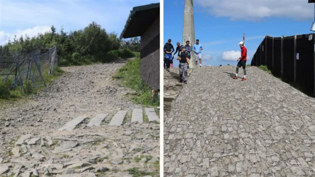 Současný (vlevo) a případný budoucí stav cesty k monumentu s hladícím bodem na beskydské Lysé hoře.