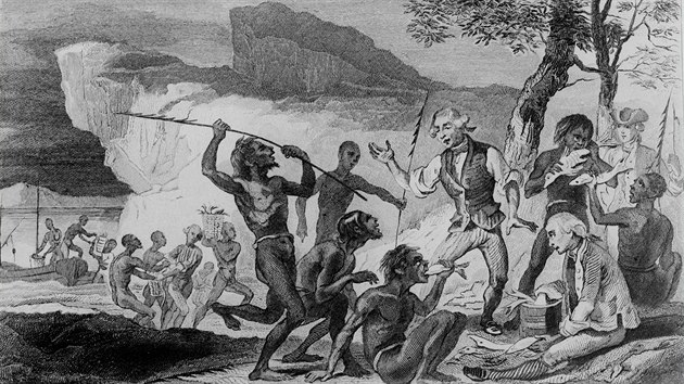 První plavba anglického navigátora Jamese Cooka. Námořníci se spolu s domorodci účastní rybolovu na řece Endeavour v Austrálii, rok 1770. Rytina z 19. století