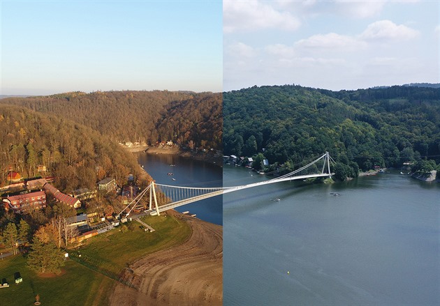 Mezi oběma snímky je tříletý rozdíl. Hladina vranovské přehrady letos v srpnu...