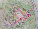 Mapa st�edov�k� Ostravy i s domy na nyn� zkouman�m prostranstv� mezi ulicemi...