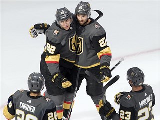 Tomáš Nosek (92) právě skóroval, s ním slaví Shea Theodore (27), William...